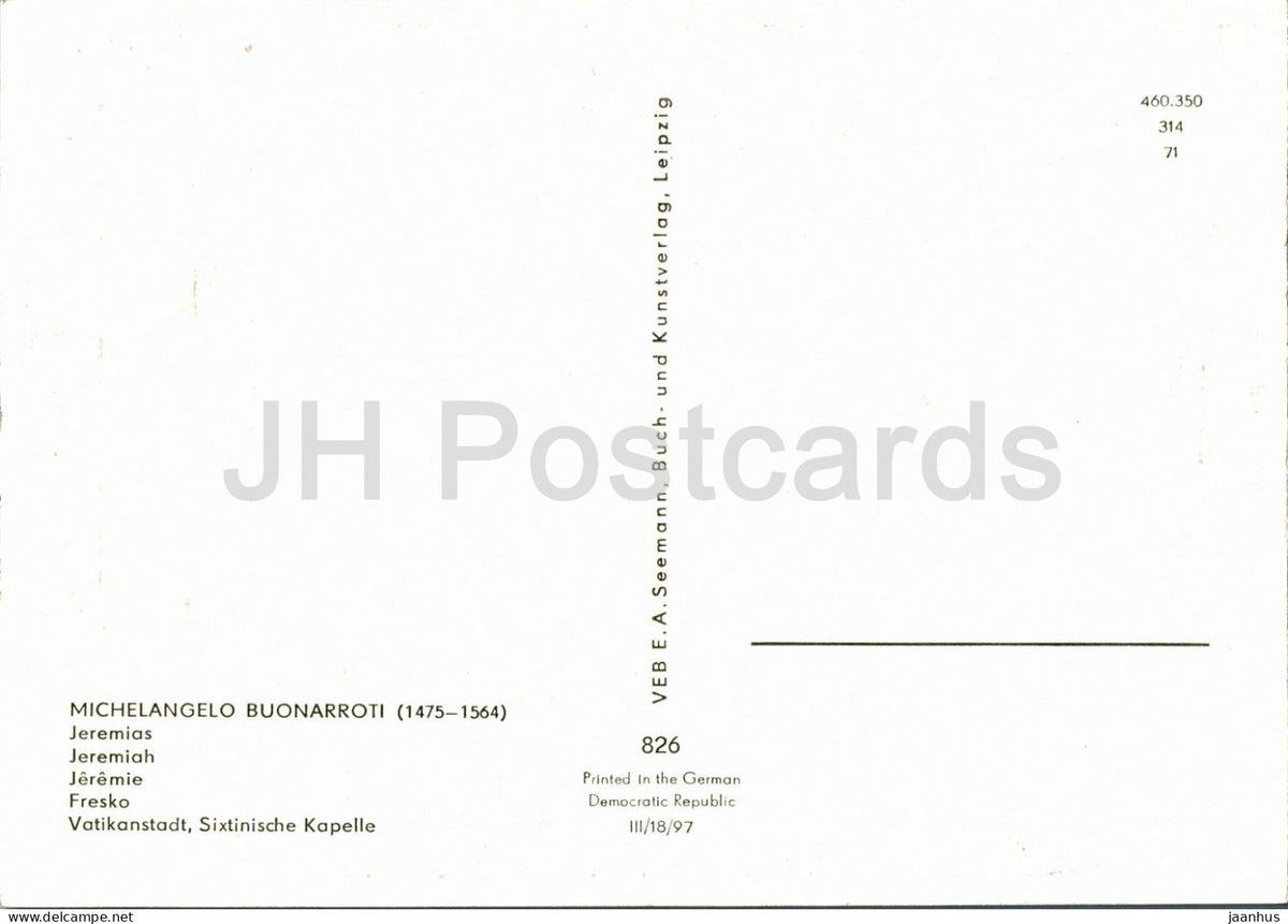painting by Michelangelo Buonarroti - Jeremiah - Jeremias - fresco - Italian art - 1971 - Germany DDR - unused