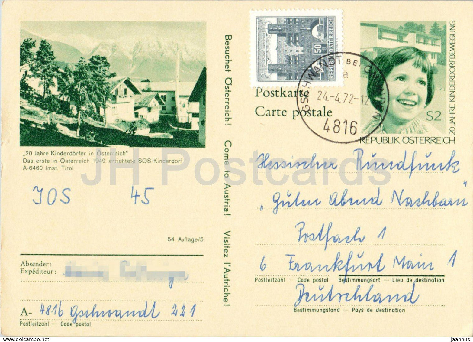 SOS Kinderdorf Imst - Tirol - Hessischer Rundfunk - charity - village - postal stationery - 1972 - Austria - used - JH Postcards