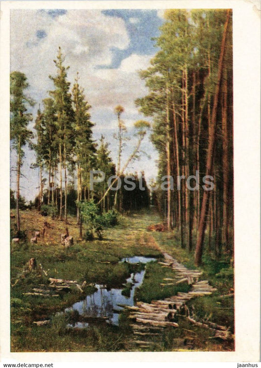 painting by A. K. Savrasov - Clearing in a Pine Forest - Russian art - old postcard - 1956 - Russia USSR - unused - JH Postcards