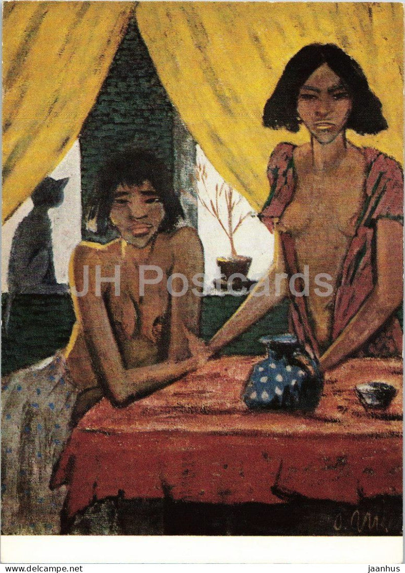 painting by Otto Muller - Gypsy Women with Cat - Zigeunerinnen mit Katze cat - naked woman nude 1972 - Germany - unused - JH Postcards