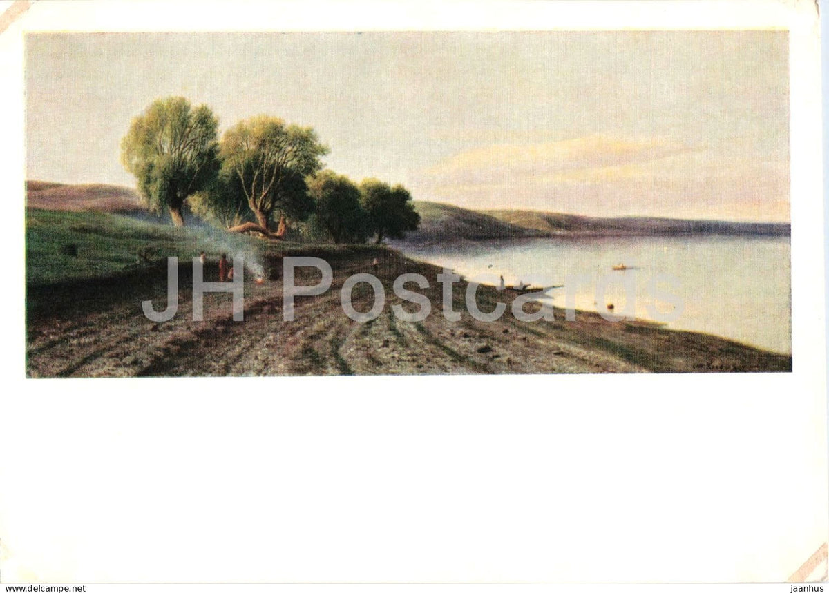 painting by Mikhail Klodt - The River Bank - boat - Russian art - old postcard - 1956 - Russia USSR - unused - JH Postcards