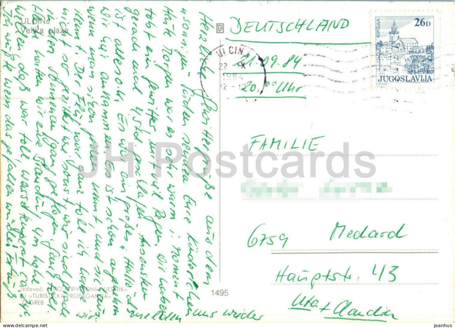 Ulcinj - Velika Plaza - Luftaufnahme - Strand - Hotels - Stadion - 1495 - 1984 - Kroatien Jugoslawien - gebraucht