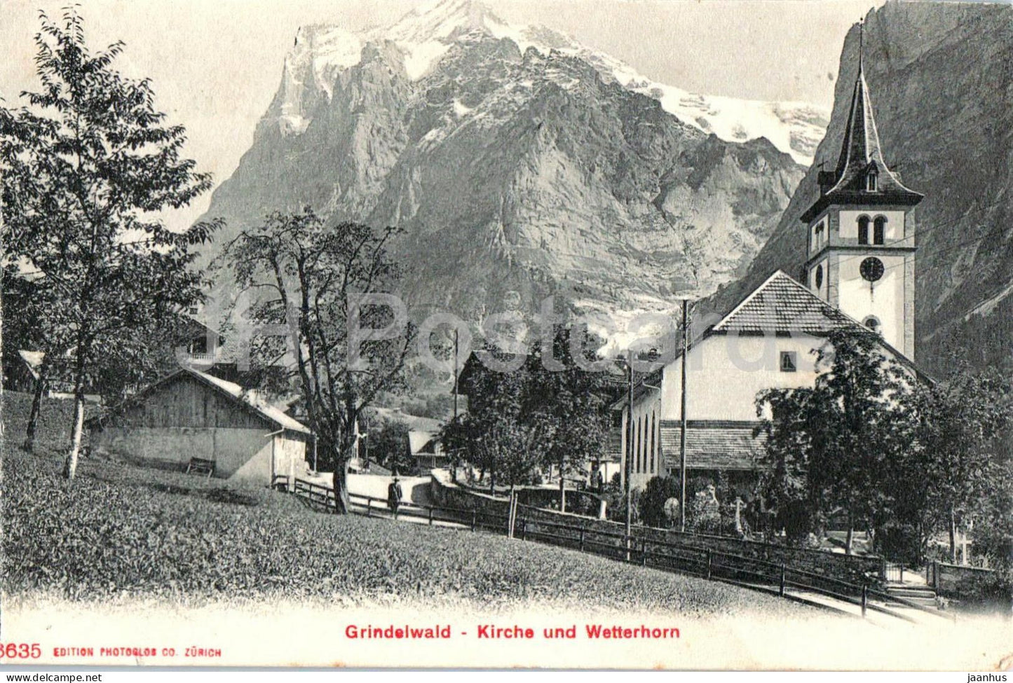 Grindelwald - Kirche und Wetterhorn - village church - mountains - 8635 - old postcard - 1908 - Switzerland - used - JH Postcards