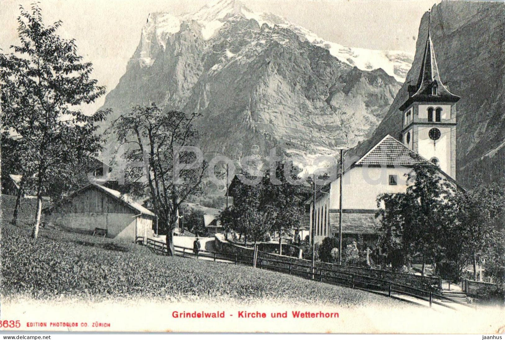 Grindelwald - Kirche und Wetterhorn - village church - mountains - 8635 - old postcard - 1908 - Switzerland - used - JH Postcards