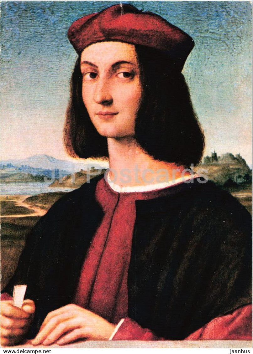 painting by Raffaello Santi - Portrait of a Youth - Bildnis eines jungen Mannes - Italian art - Hungary - unused - JH Postcards