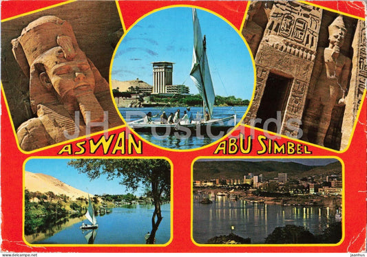 Aswan - Abu Simbel - Egypt views - Nile - boat - temples statue - ancient world multiview - A 167 - 1989 - Egypt - used - JH Postcards