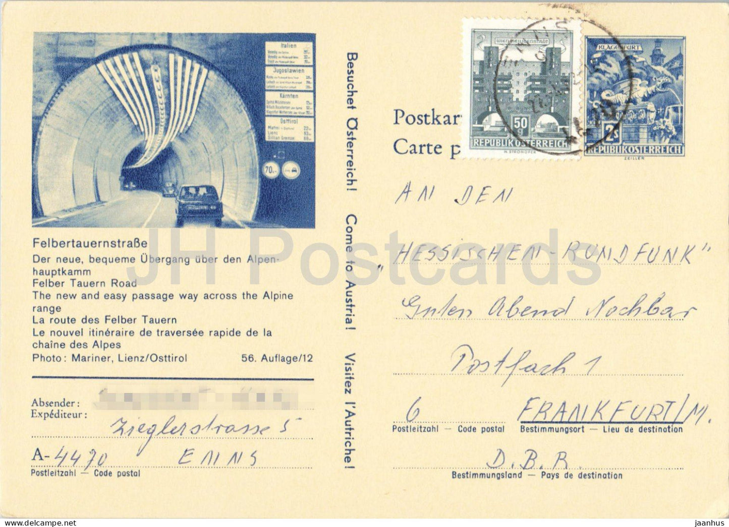 Felbertauernstrasse - Hessischer Rundfunk - tunnel - alpine road - cars - postal stationery - 1972 - Austria - used - JH Postcards