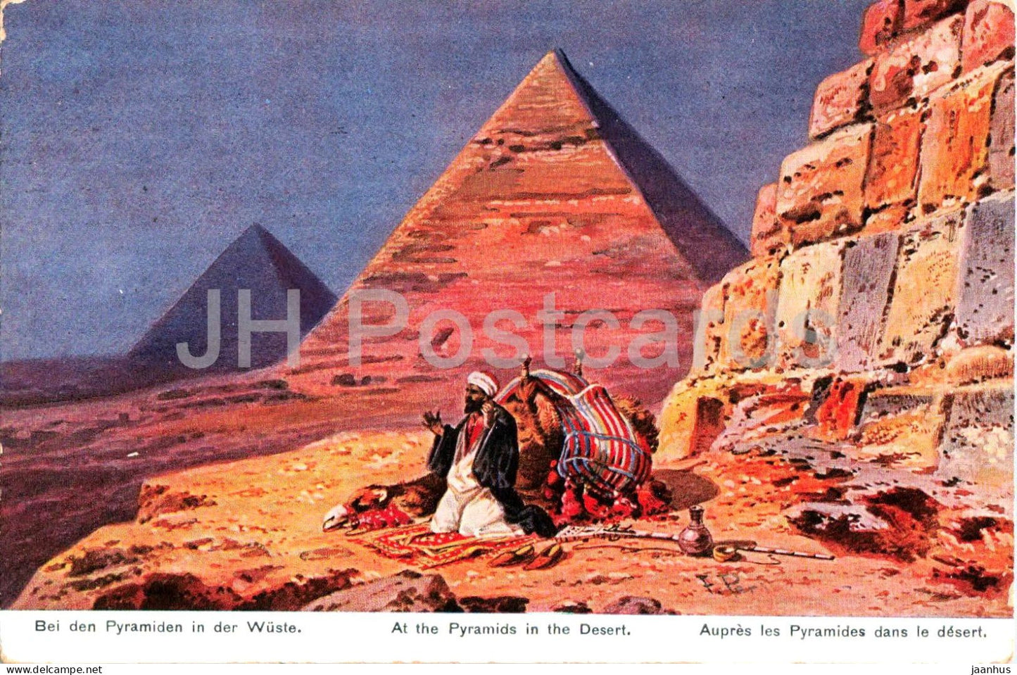Bei den Pyramiden in der Wuste - Pyramids in the Desert - Censored - Bedouin camel animals old postcard 1915 Egypt used - JH Postcards