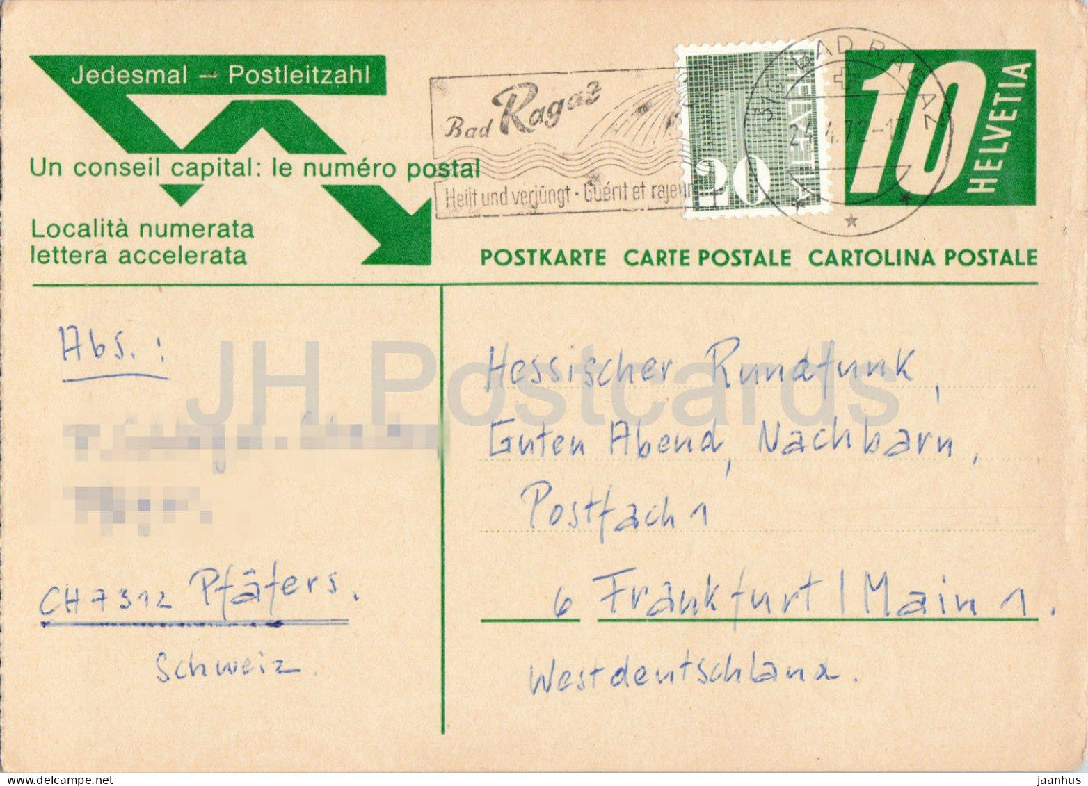 Guten Abend Nachbarn - Hessischer Rundfunk - postal stationery - 106 - 1972 - Switzerland - used - JH Postcards
