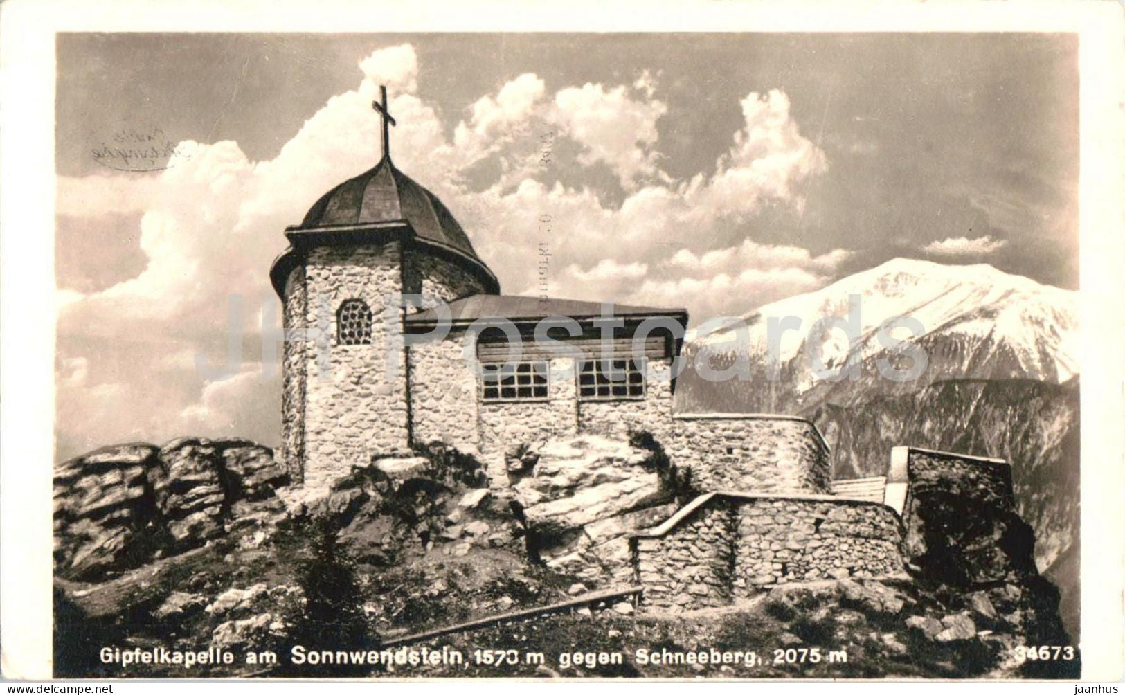 Gipfelkapelle am Sonnwendstein 1570 m gegen Schneeberg 2075 m - No. 34673 - old postcard - 1945 - Austria - used - JH Postcards