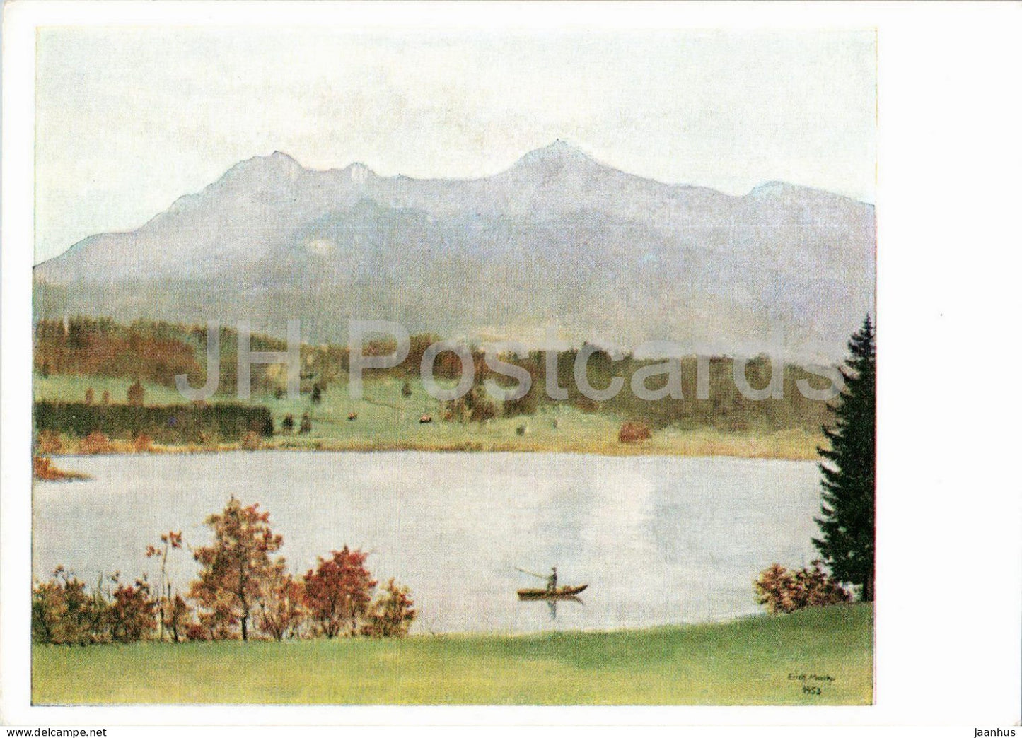 Erich Macho - At the Lake - Am See - German art - art postcard - landscape - 1980s - Germany - unused - JH Postcards