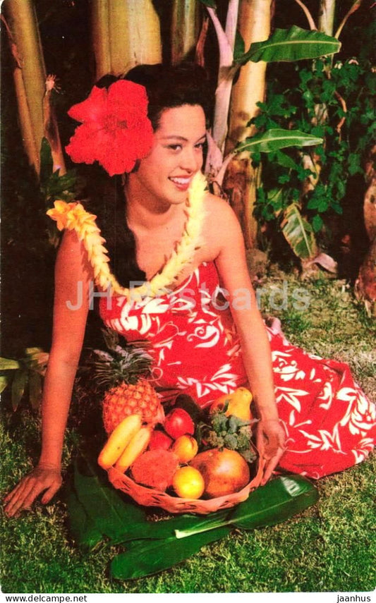 Hawaiian girl - Hawaii - tropical fruits - pineapple - banana -  USA - unused - JH Postcards