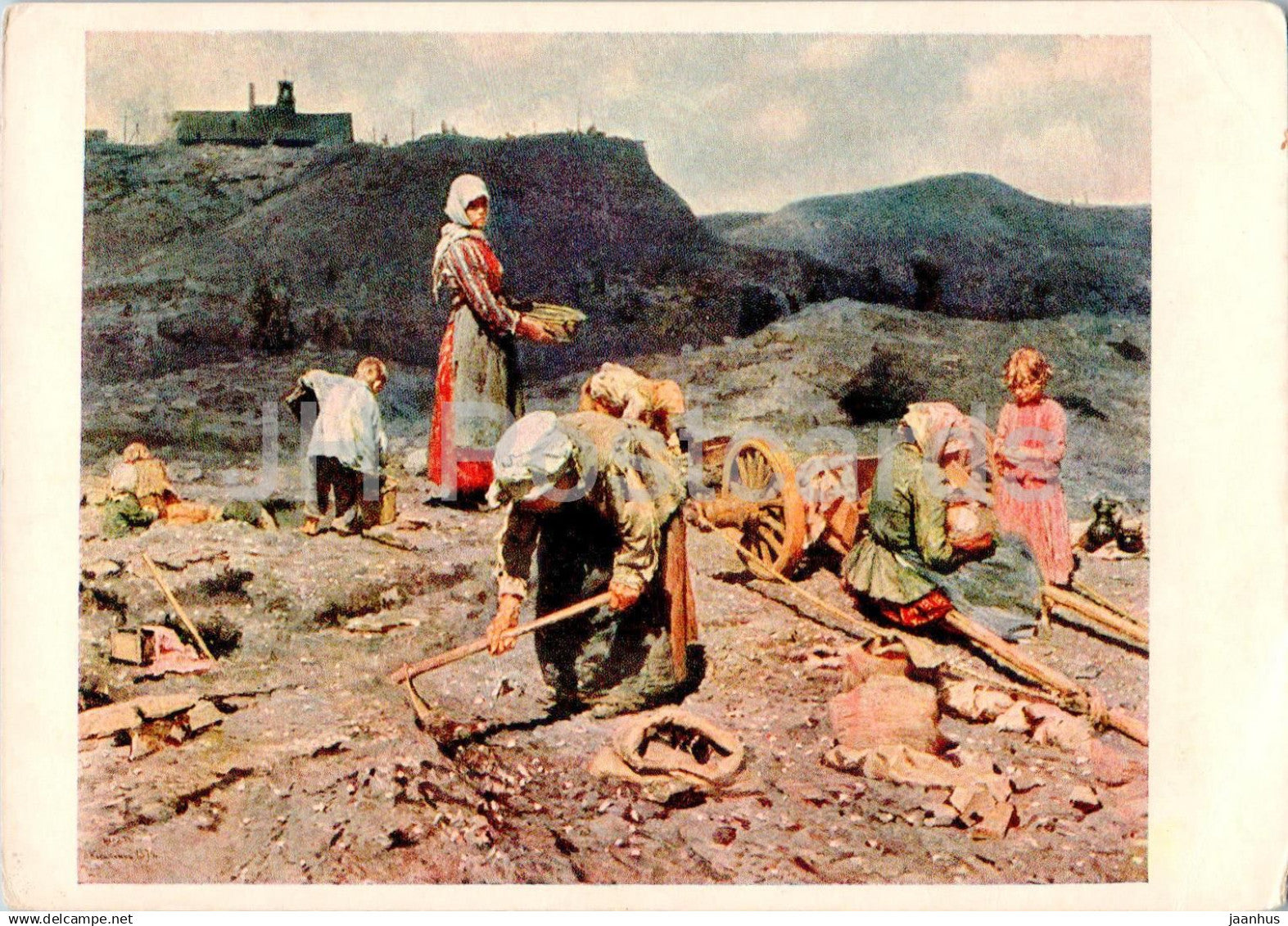 painting by N. Kasatkin - Coal collection by the poor on the wasteland - Russian art - 1954 - Russia USSR - unused - JH Postcards