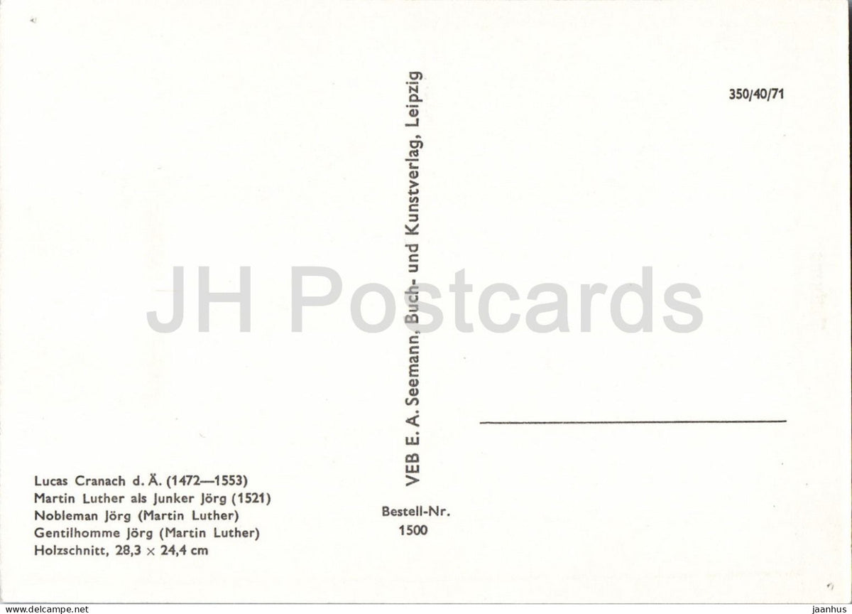 engraving by Lucas Cranach the Elder - Nobleman Jorg - Martin Luther als Junker Jorg - art - 1971 - Germany DDR - unused