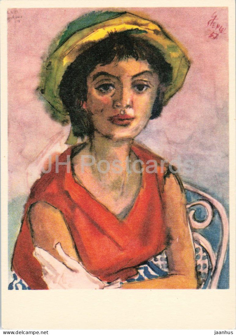 painting by Gerhard Stengel - Madchen - Girl with Garden Chair - German art - 972 - 1965 - Germany DDR - unused - JH Postcards