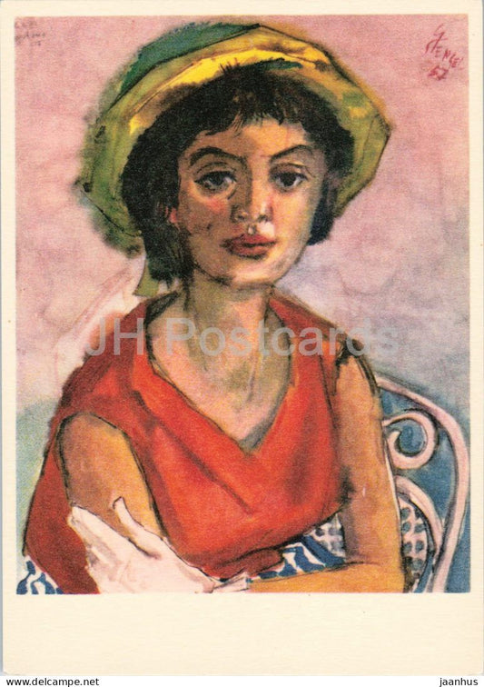 painting by Gerhard Stengel - Madchen - Girl with Garden Chair - German art - 972 - 1965 - Germany DDR - unused - JH Postcards