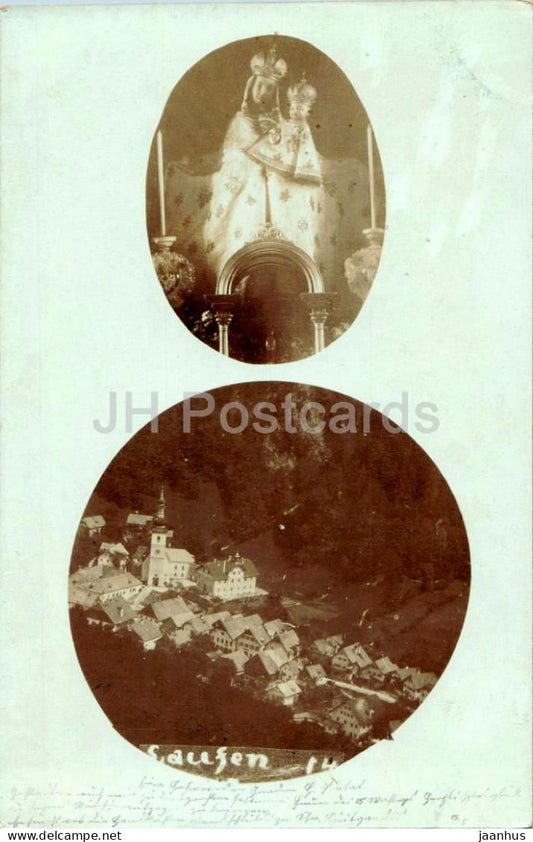 Lauffen Laufen - Maria pilgrimage statue and town view - photo - old postcard - Austria - unused - JH Postcards