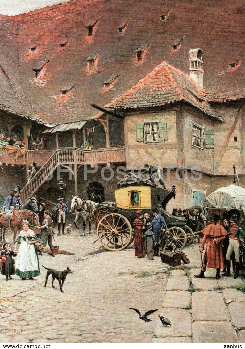 painting by P. F. Messerschmitt - Mail coaches in Bamberg - Postkutschen - horse - dog - 1983 - Germany - unused - JH Postcards