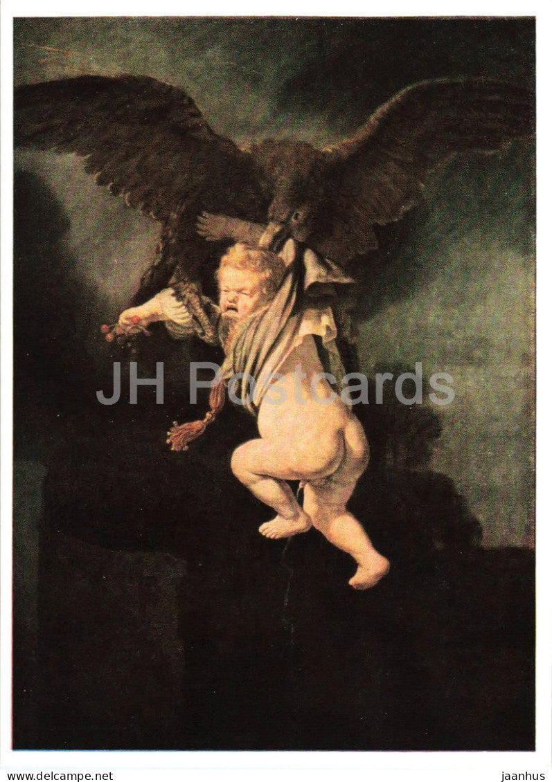 painting by Rembrandt - The Abduction of Ganymede - birds - Dutch art - old postcard - 1953 - Germany DDR - unused - JH Postcards