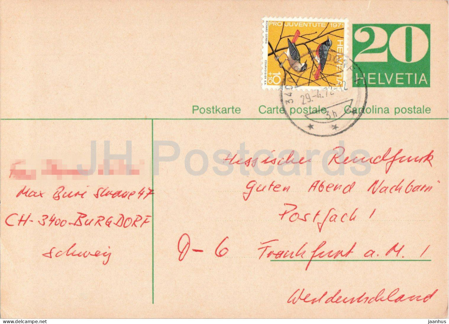 Guten Abend Nachbarn - Hessischer Rundfunk - postal stationery - 103 - 1972 - Switzerland - used - JH Postcards