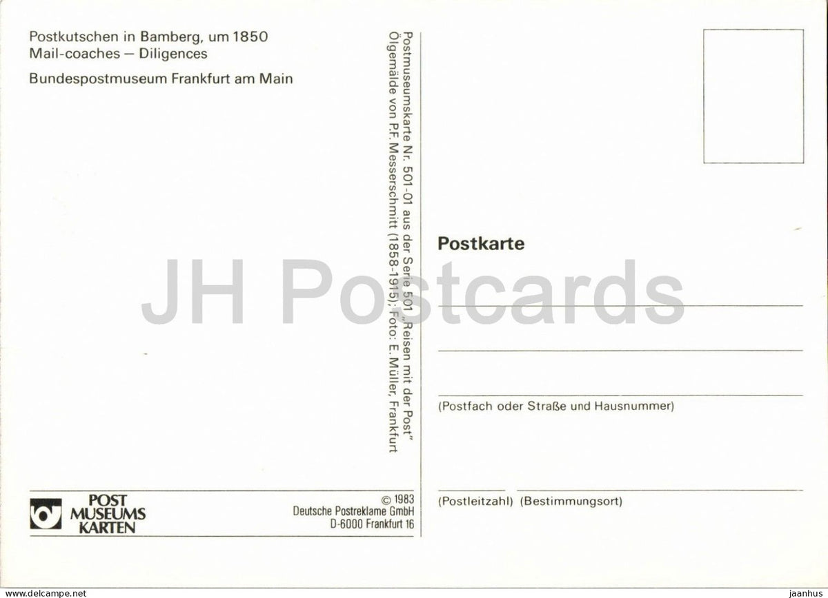 painting by P. F. Messerschmitt - Mail coaches in Bamberg - Postkutschen - horse - dog - 1983 - Germany - unused