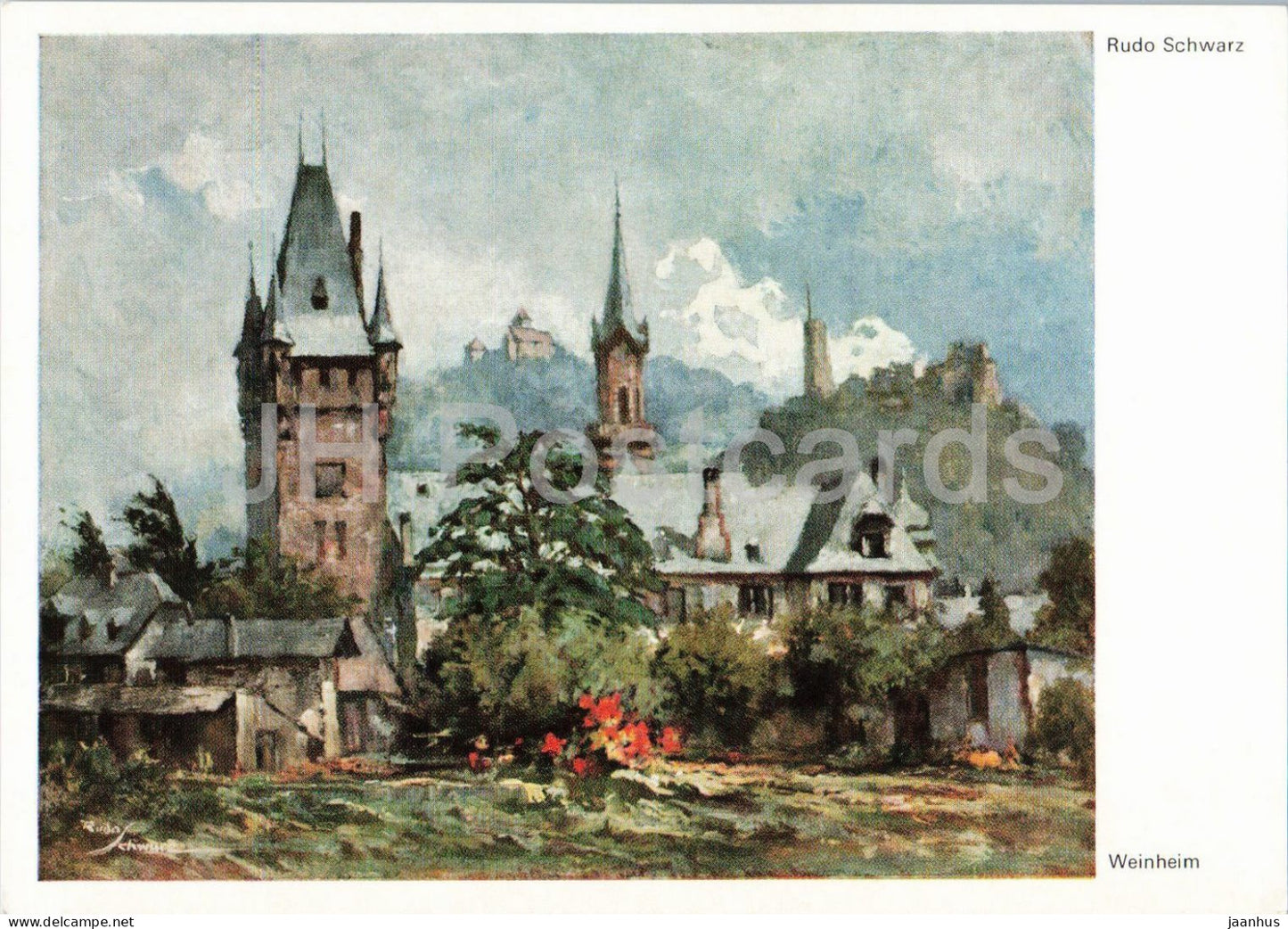 drawing by German artist Rudo Schwarz - Weinheim - Town Hall cedar and castles - German art - 1980s - Germany - unused - JH Postcards
