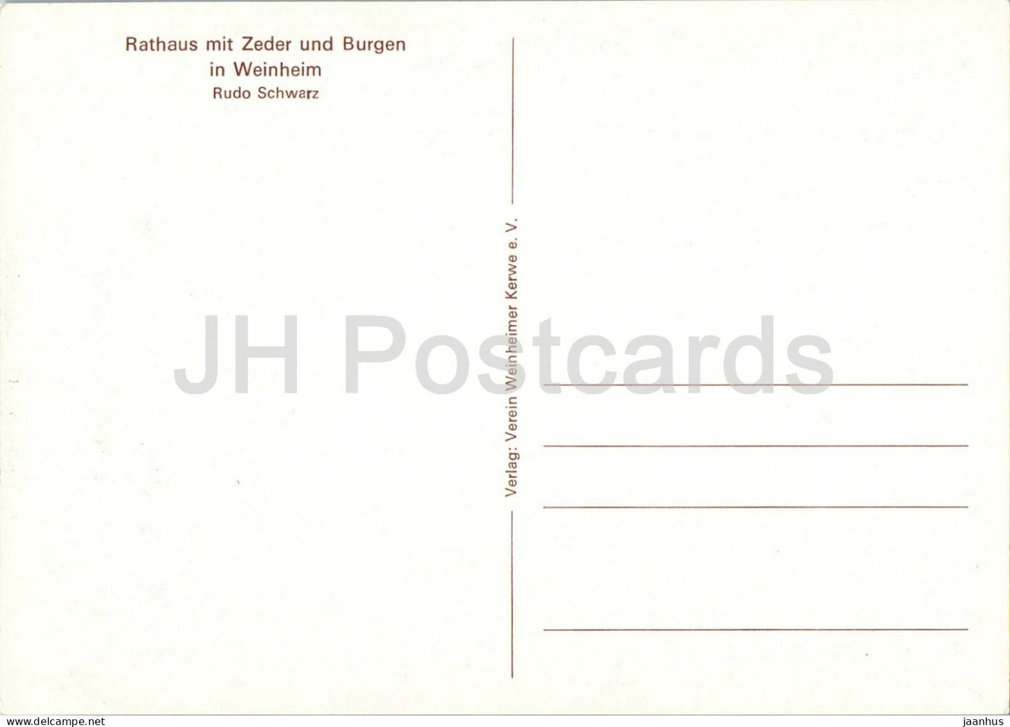 drawing by German artist Rudo Schwarz - Weinheim - Town Hall cedar and castles - German art - 1980s - Germany - unused
