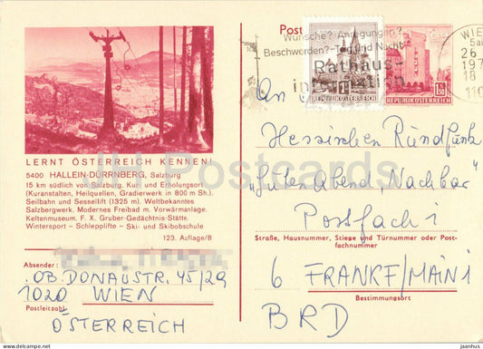 Hallein Durrnberg - Salzburg - alpine town - panorama - tourism - cable car - postal stationery - 1970s - Austria - used - JH Postcards