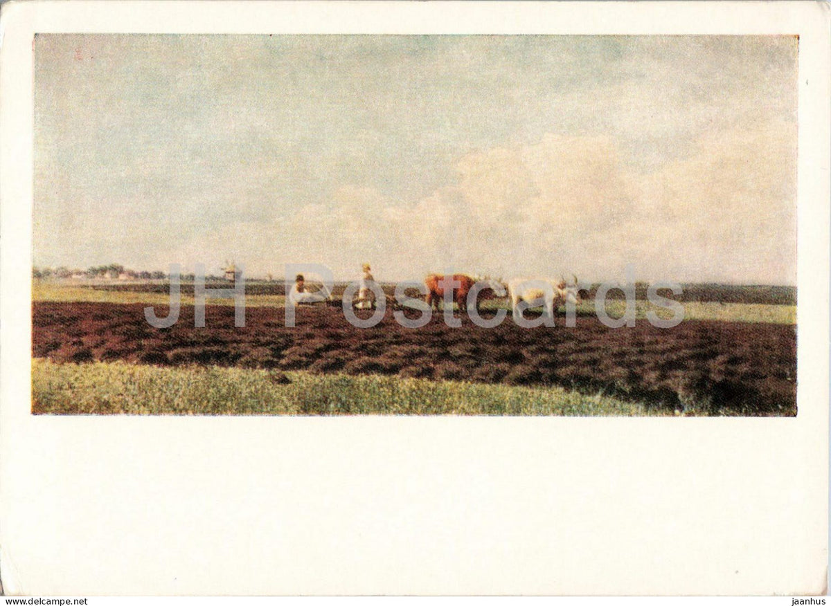 painting by Mikhail Klodt - Ploughmen in Ukraine - oxen - Russian art - 1960 - Russia USSR - unused - JH Postcards