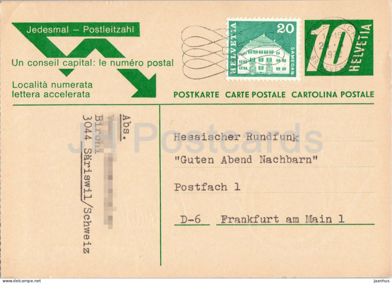 Guten Abend Nachbarn - Hessischer Rundfunk - postal stationery - 96 - 1972 - Switzerland - used - JH Postcards