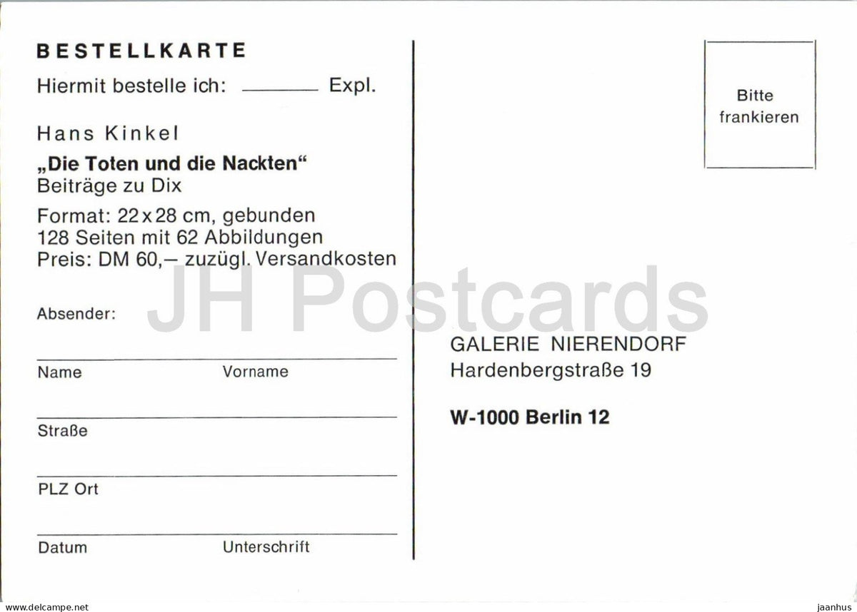 photograph of Otto Dix - book order card - Galerie Nierendorf Berlin - Bestellkarte - 1991 - Germany - unused