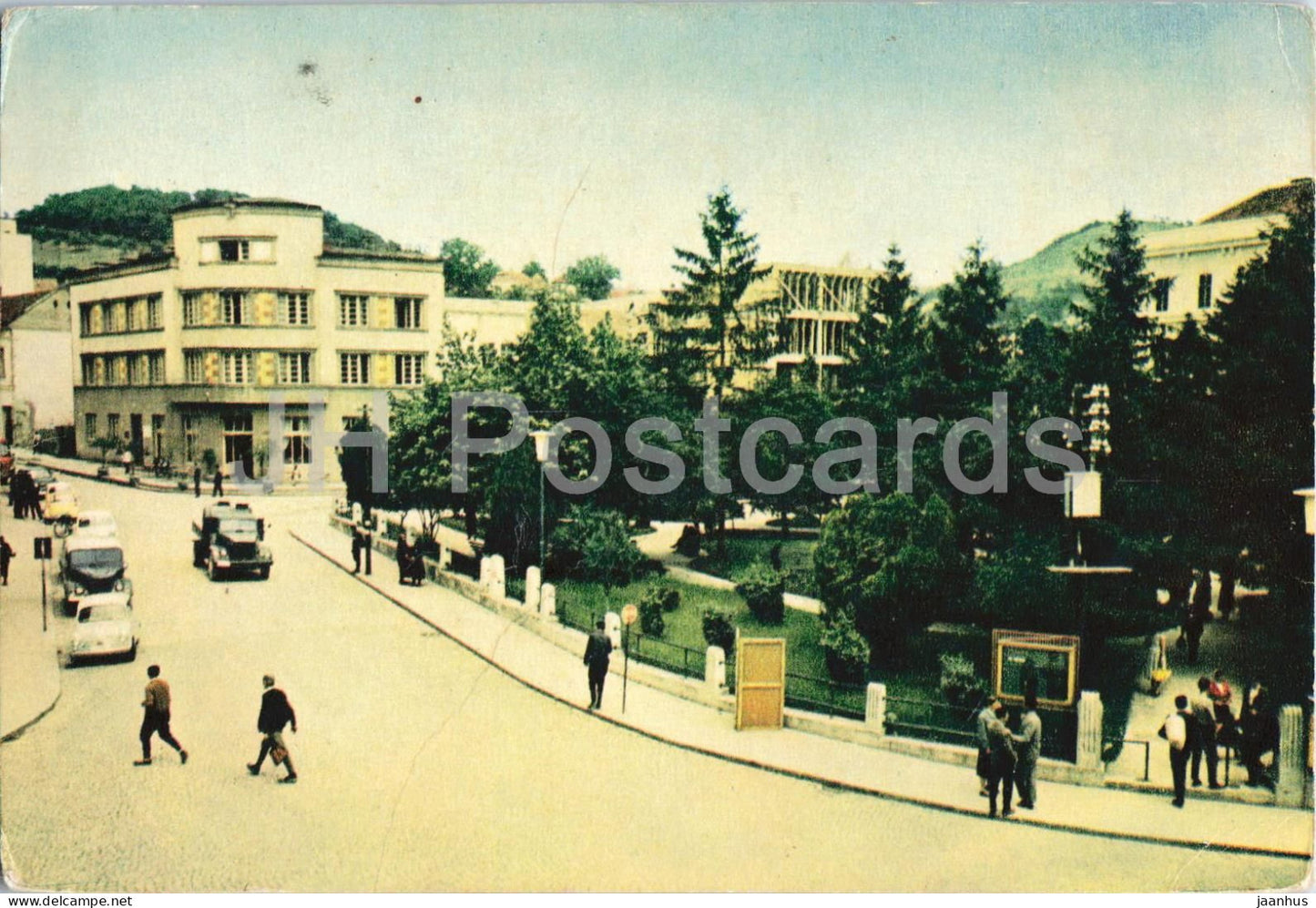 Titovo Uzice - Hotel Palace - town square - street view - cars - old postcard - 1961 - Serbia Yugoslavia - used - JH Postcards