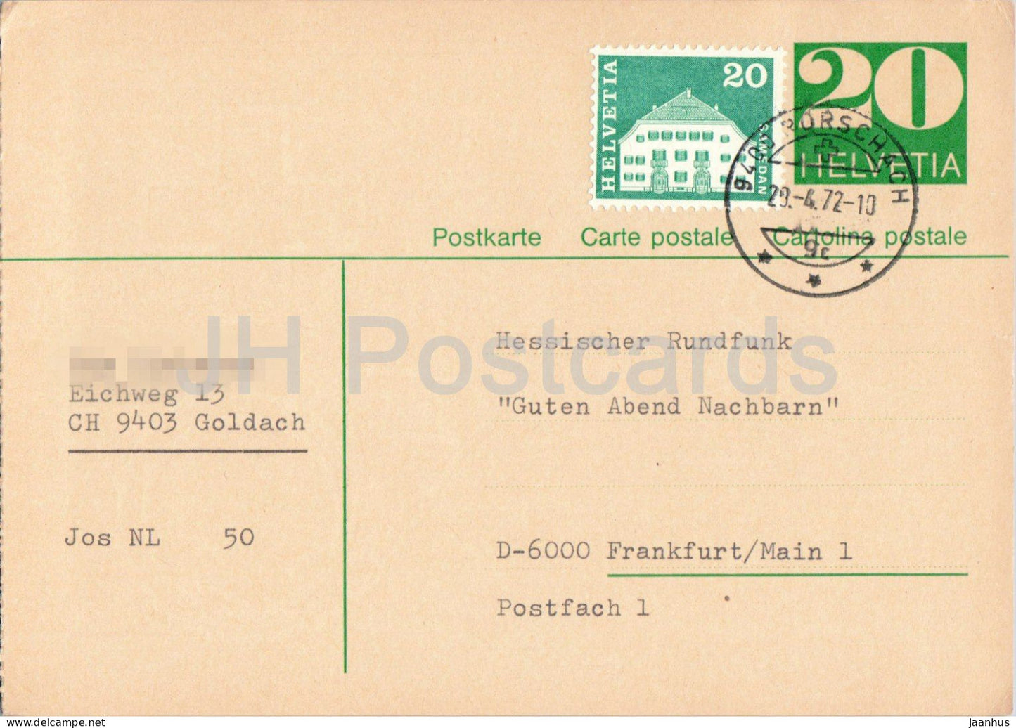 Guten Abend Nachbarn - Hessischer Rundfunk - postal stationery - 100 - 1972 - Switzerland - used - JH Postcards