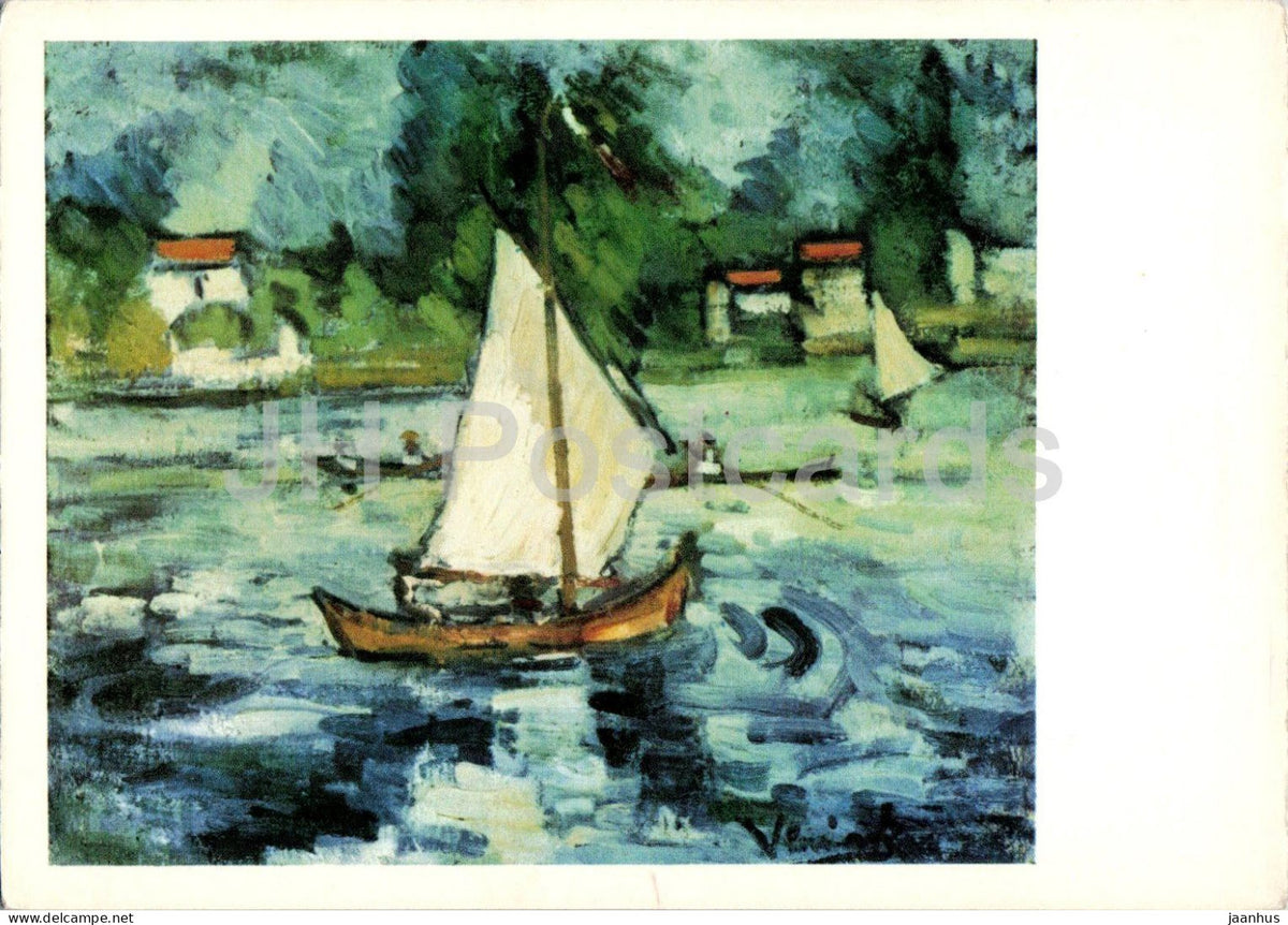 painting by Maurice de Vlaminck - At Chatou - boat - French art - France - unused - JH Postcards
