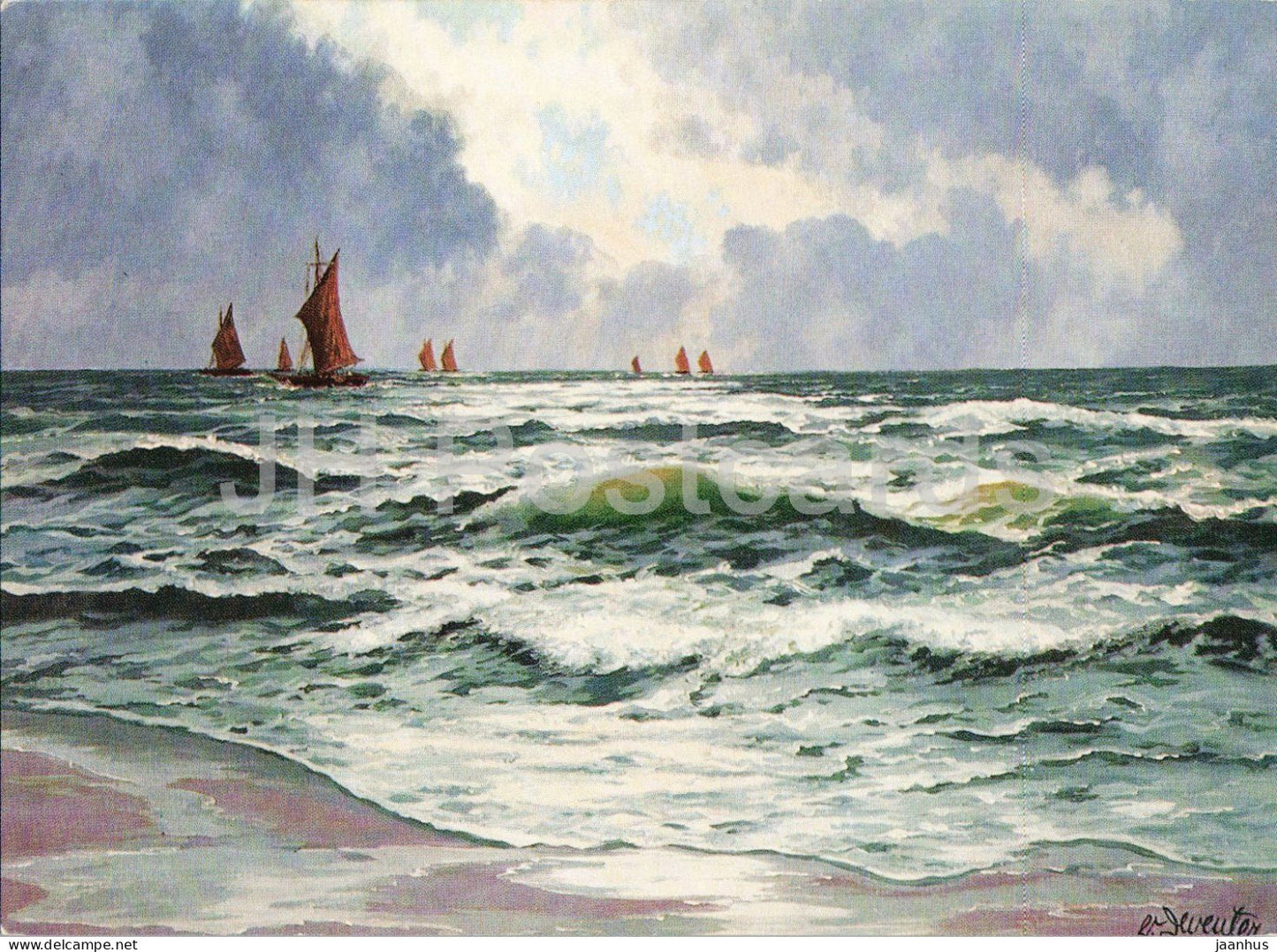 painting by W. Deventer - Fishermen Returning on the Adriatic - boat - German art - 3301 - Germany - unused - JH Postcards