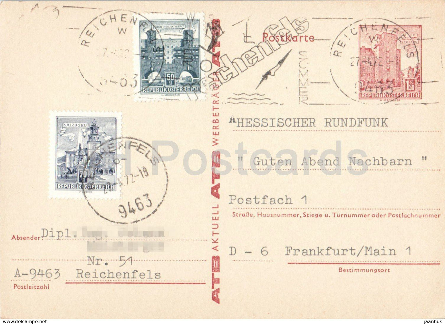 ATB Aktuell - Hessischer Rundfunk - Guten abend Nachbarn - postal stationery - 1972 - Austria - used - JH Postcards