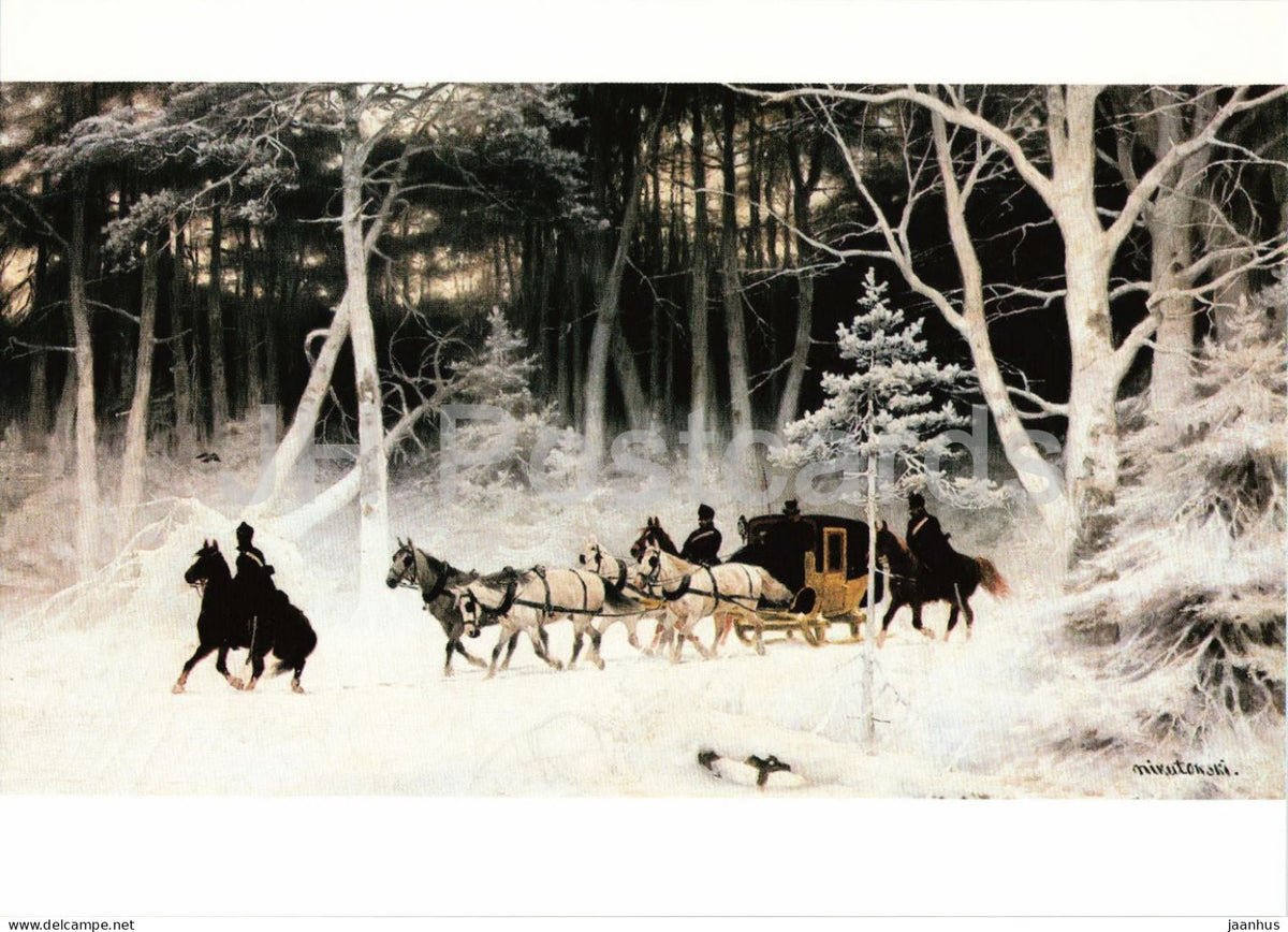 painting by Arthur Nikutowski - The Mail in the Forest - Die Post im Walde - horse - 1983 - Germany - unused - JH Postcards