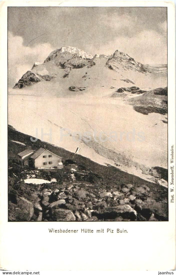 Wiesbadener Hutte mit Piz Buin - mountain hut - glacier - high Alps - mountains - old postcard - 1918 - Austria - used - JH Postcards