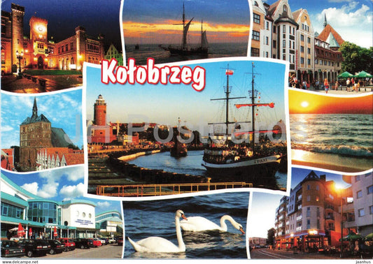 Kolobrzeg - panorama - lighthouse - harbour - swans - sunset - sailing ship - car - multiview - 2018 - Poland - used - JH Postcards