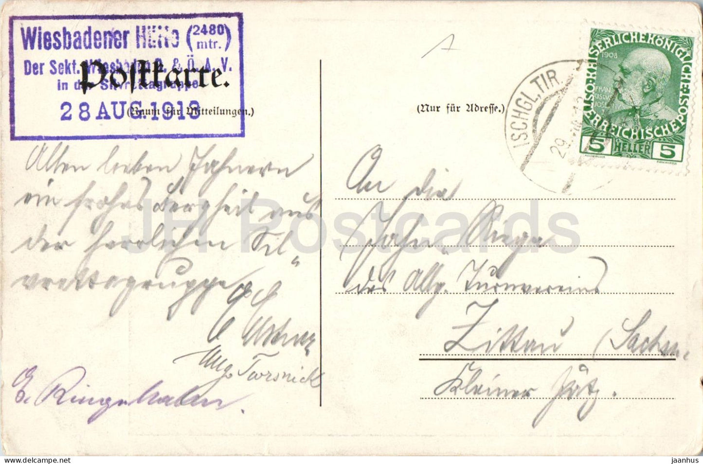 Wiesbadener Hutte mit Piz Buin - mountain hut - glacier - high Alps - mountains - old postcard - 1918 - Austria - used