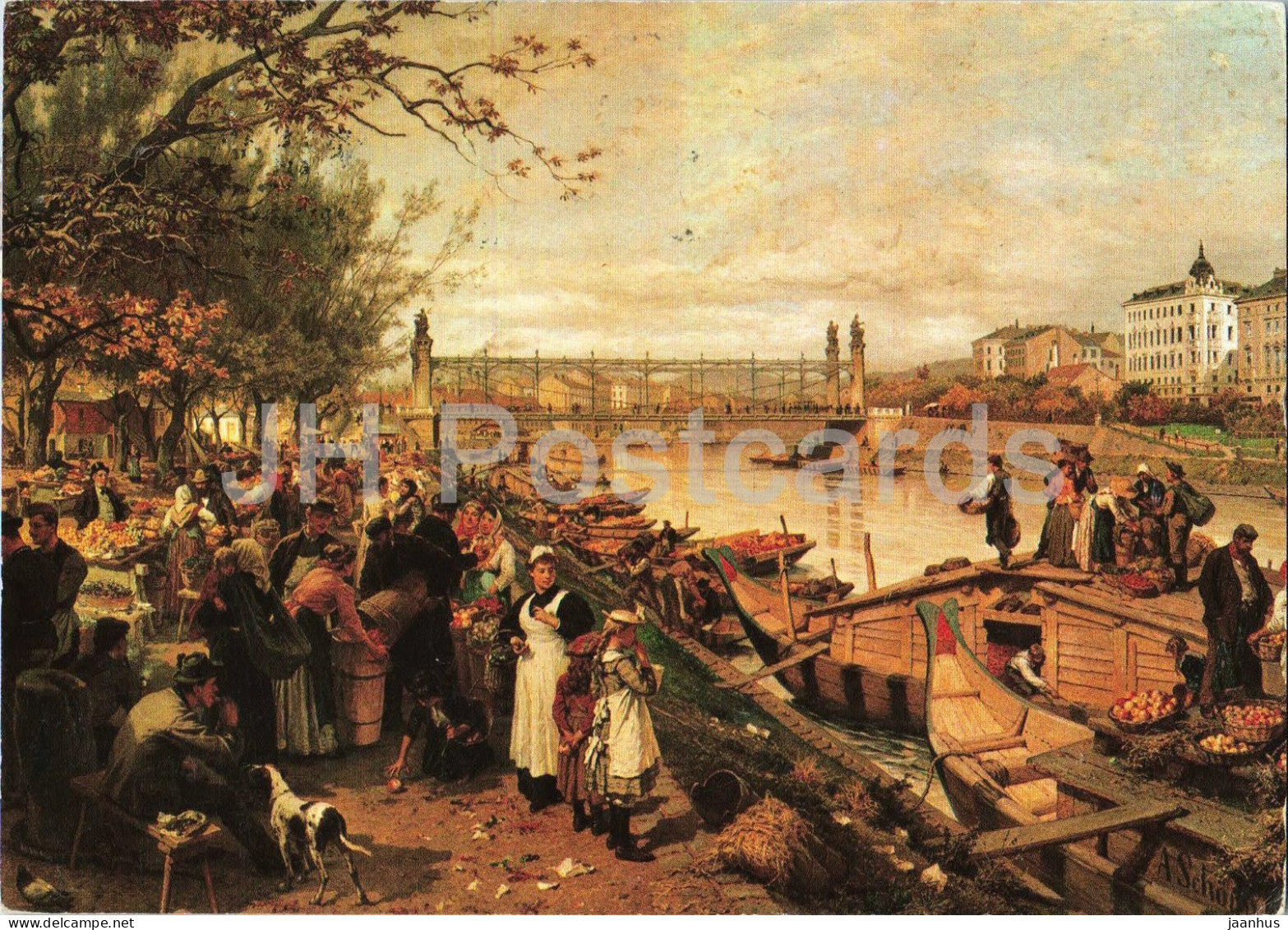 painting by Alois Schonn - Vienna - Wien - Fruit Market - boat - Austrian art - 1983 - Austria - used - JH Postcards
