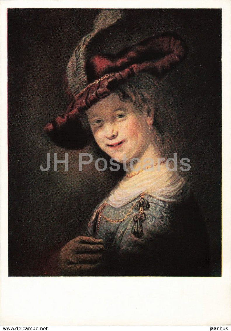painting by Rembrandt - Saskia Laughing - Die lachende Saskia - Dutch art - old postcard - 1953 - Germany DDR - unused - JH Postcards