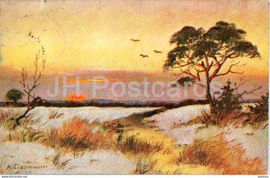 illustration by H. Eiermann - Winterlandschaft - Winter landscape - tree - 298 - old postcard - 1921 - Germany - used - JH Postcards