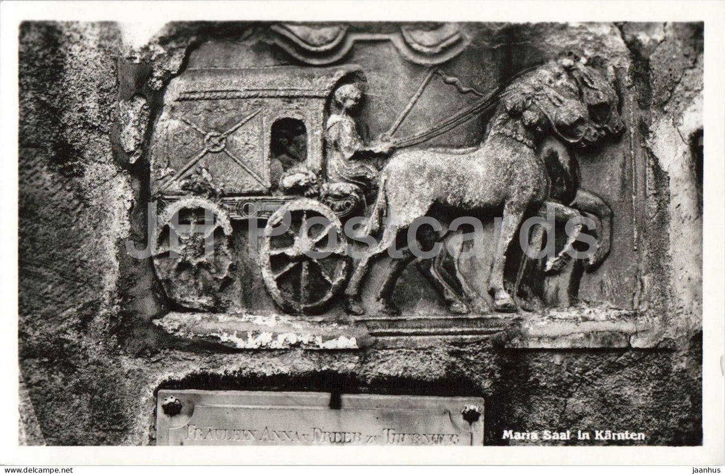 Maria Saal - Romisches Relief aus Virunum - Reisekutsche - Virunum ancient world old postcard - 1955 - Austria - unused - JH Postcards
