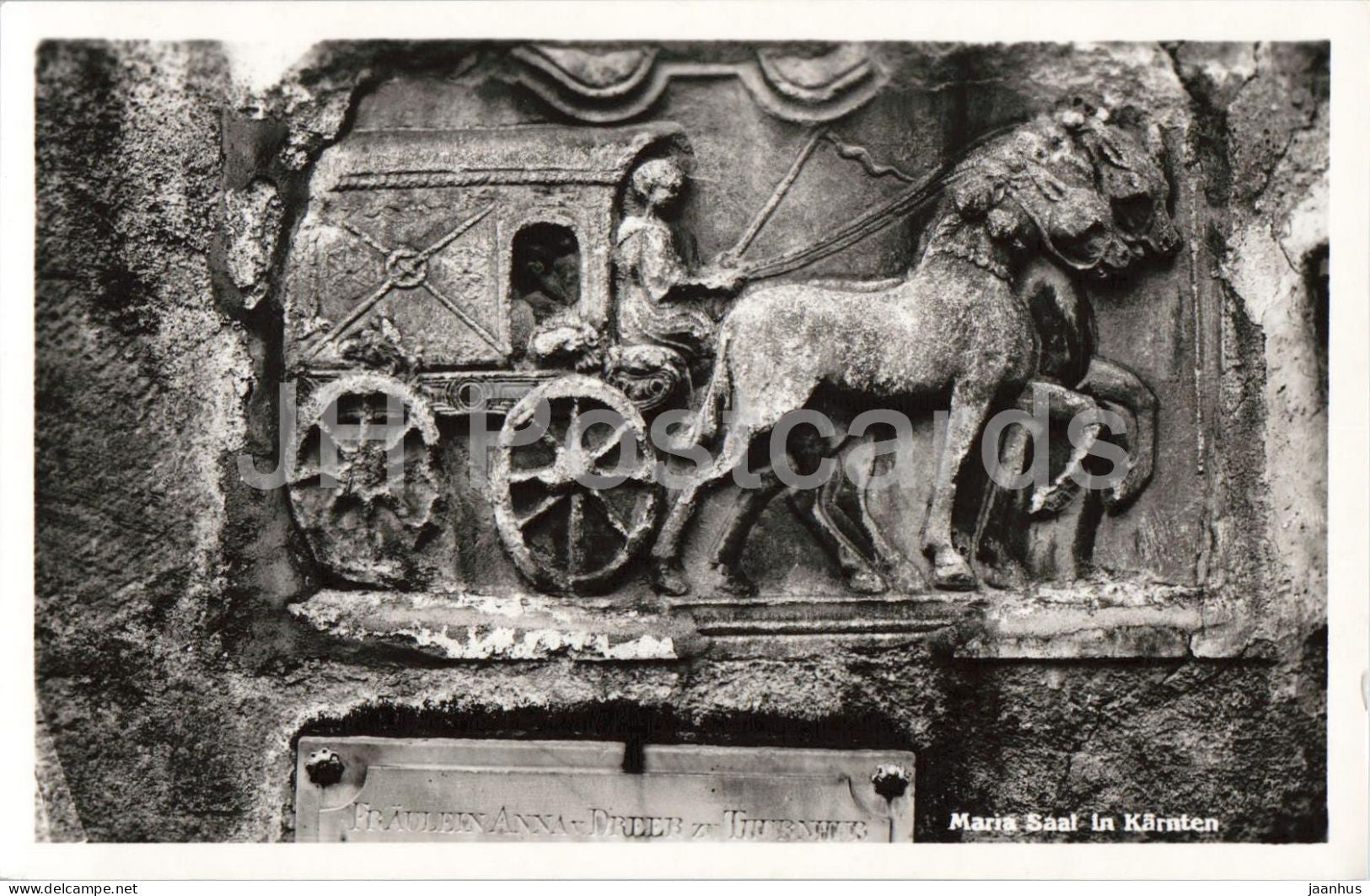 Maria Saal - Romisches Relief aus Virunum - Reisekutsche - Virunum ancient world old postcard - 1955 - Austria - unused - JH Postcards