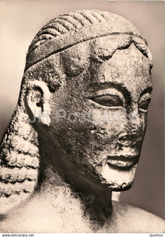 Greek kouros statue head - Junglingsstatue - Apollon Ptoios sanctuary in Boeotia - ancient world - Germany - unused - JH Postcards