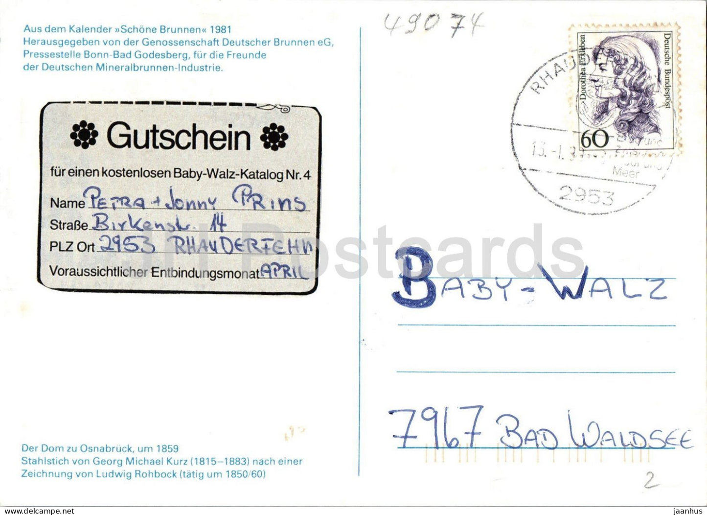 engraving by Georg Michael Kurz - Osnabruck Cathedral - Der Dom zu Osnabruck - German art - 1980s - Germany - used