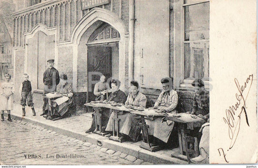 Ypres - Les Dentellieres - The Lace Makers - street scene, daily life - old postcard - 1902 - Belgium - used - JH Postcards