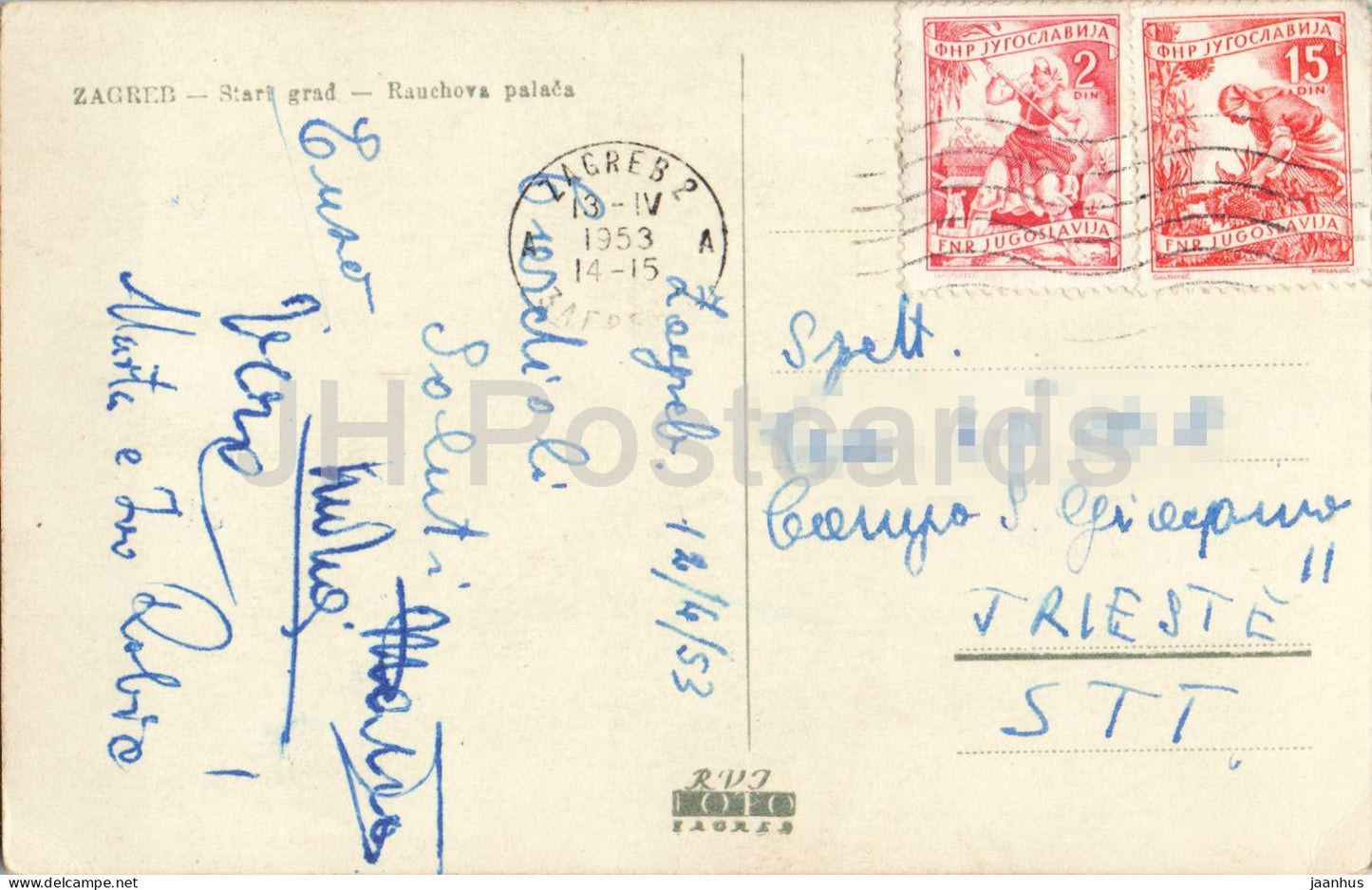 Zagreb - Vieille ville - Palais Rauch - Stari grad - Rauchova palaca - vieille carte postale - 1953 - Croatie Yougoslavie - oblitérée