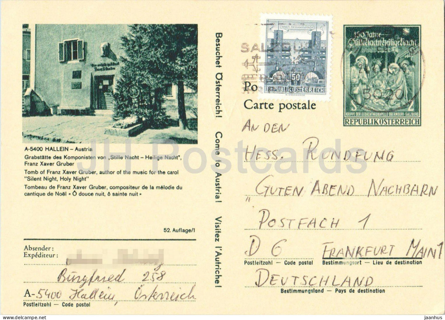 Hallein - Grabstatte Franz Xaver Gruber - Hessischer Rundfunk - composer - postal stationery - 1972 - Austria - used - JH Postcards